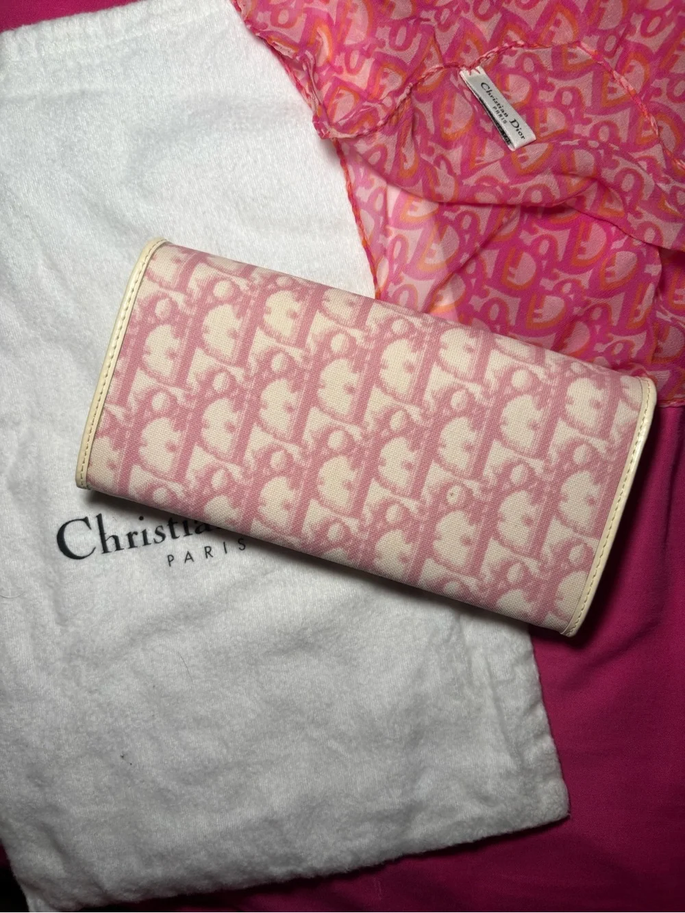 Dior Pink Oblique Trifold Wallet with Cream Trim .vintage Dior scarf